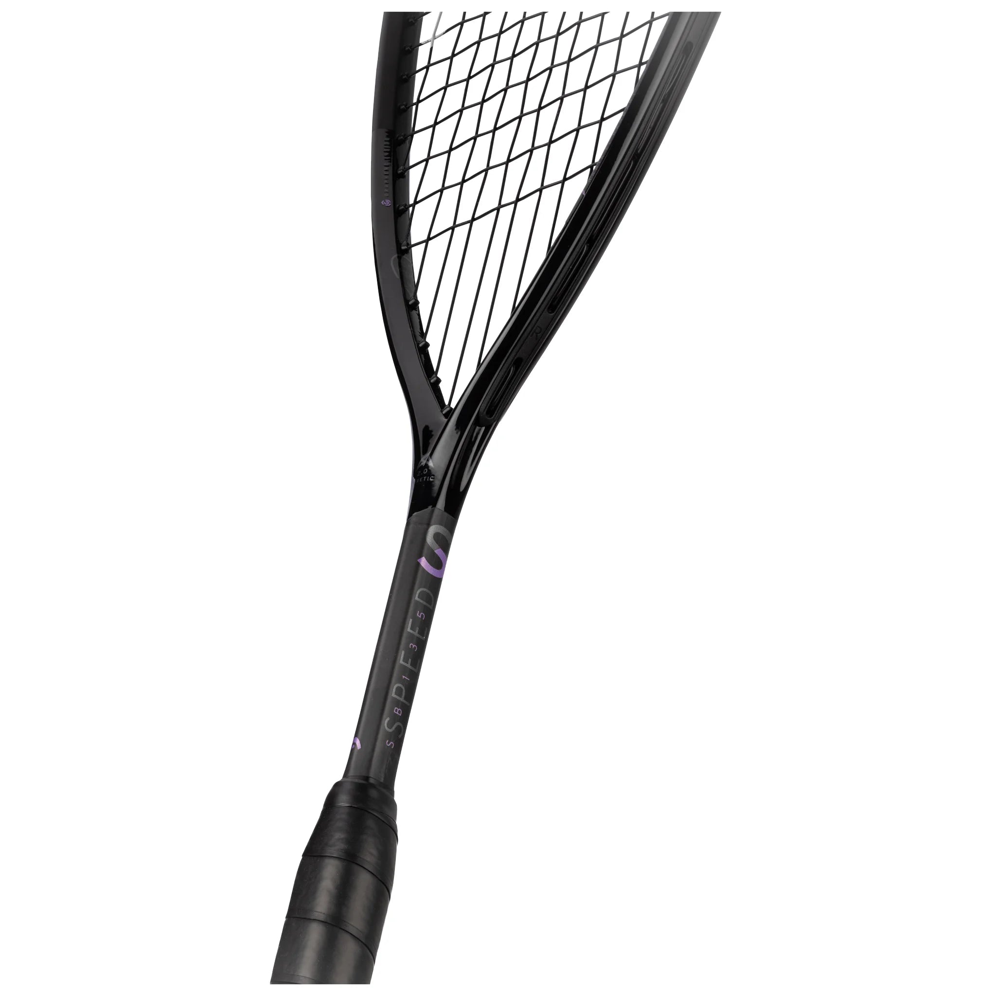 Shaft close-up of HEAD Speed 135 Slimbody Squash Racket 2025 with HydroSorb Pro grip, highlighting raw see-through carbon.