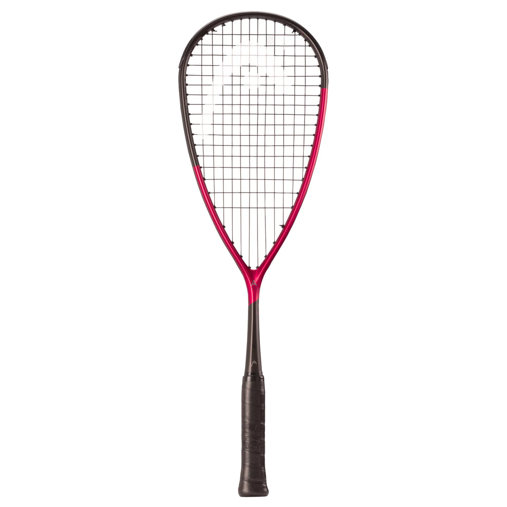 Front view of Head Speed 135 Squash Racket 2025, 135 g, 500 cm², head light, showing metallic red frame and 12/17 pattern.
