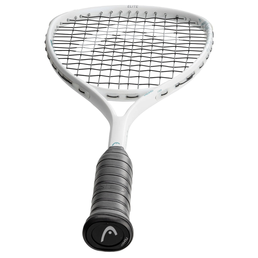 End-cap view of Head Vibe Elite Squash Racket with grip size 4, highlighting the racket from handle to head