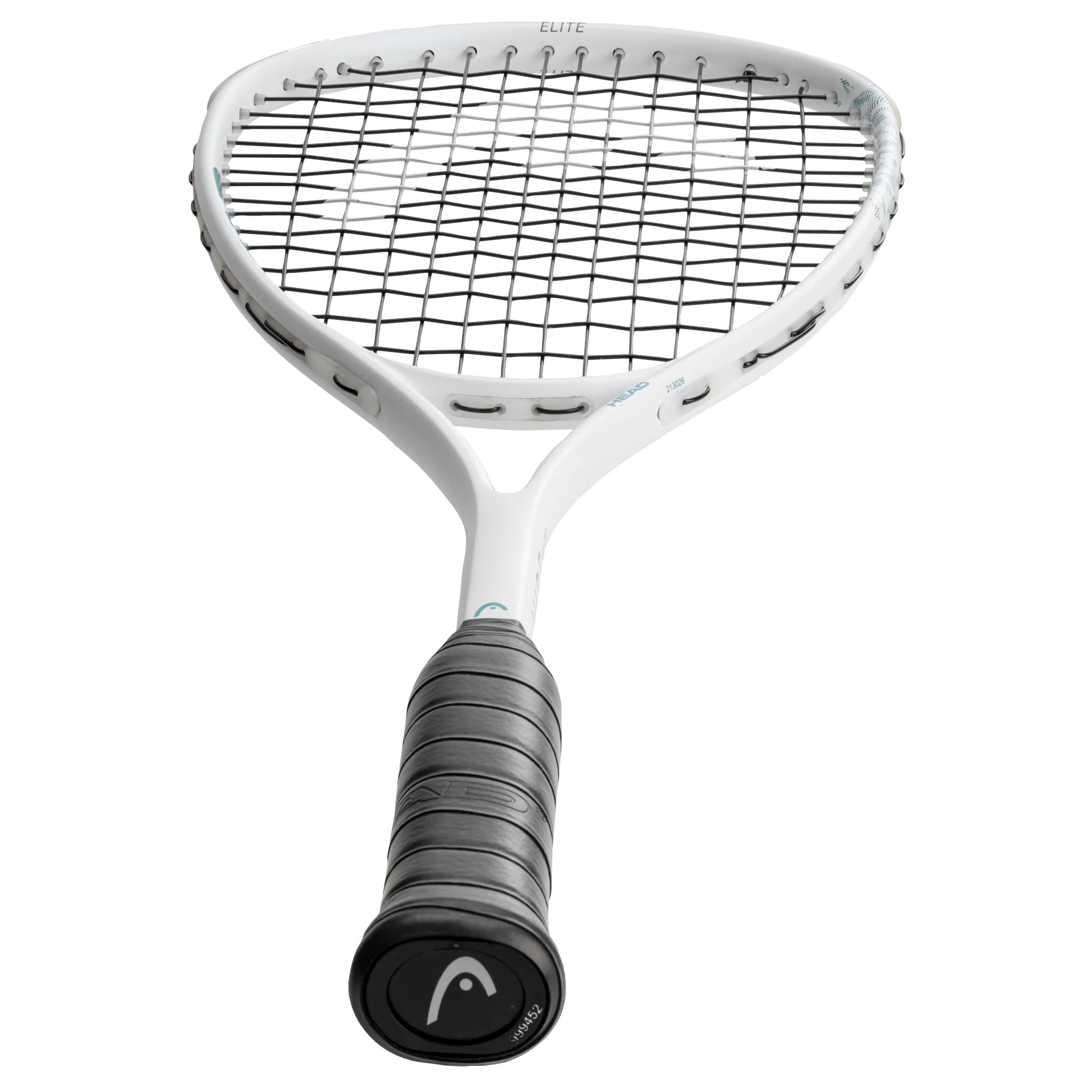 End-cap view of Head Vibe Elite Squash Racket with grip size 4, highlighting the racket from handle to head