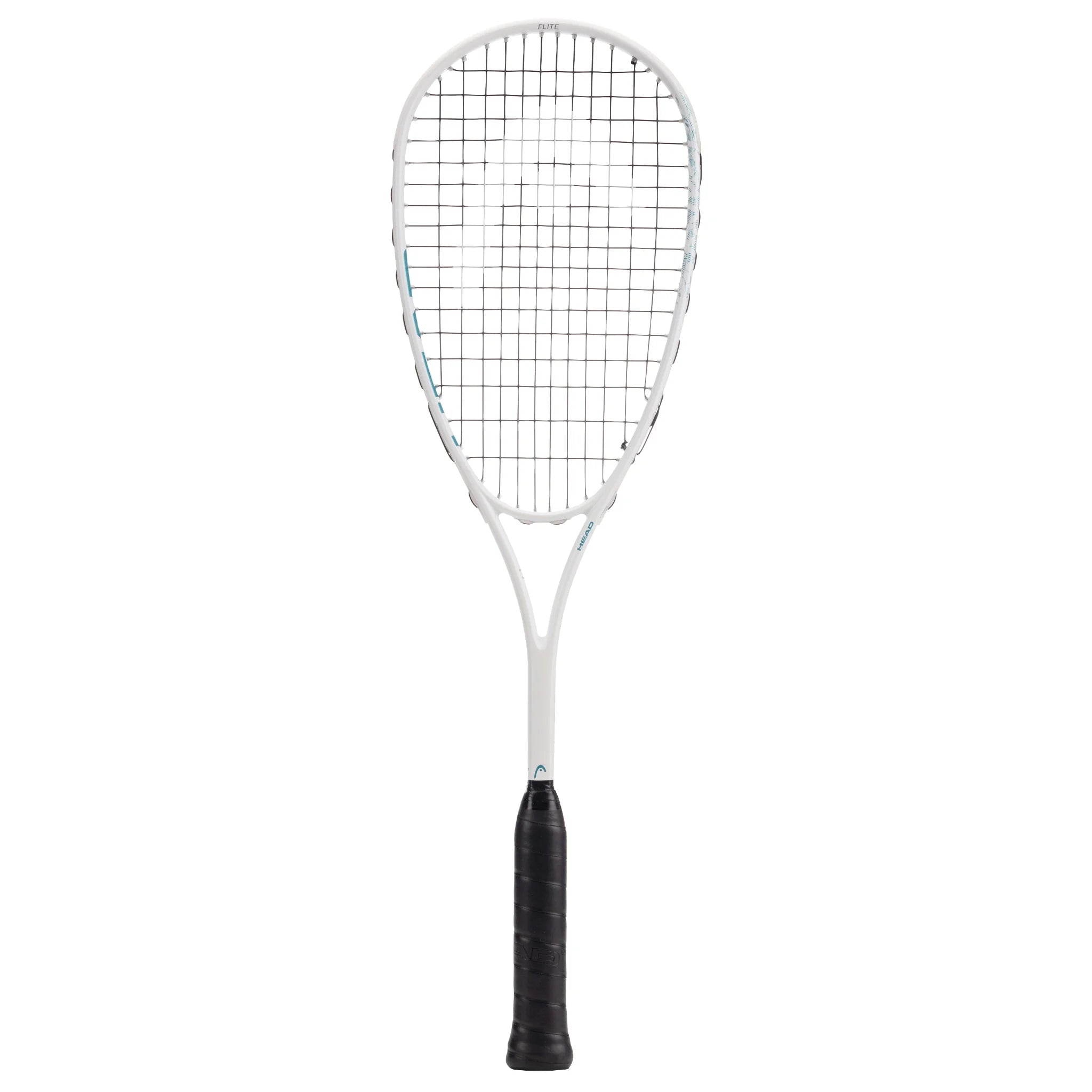 Front view of Head Vibe Elite Squash Racket with 485 cm² head, highlighting the playful frame design