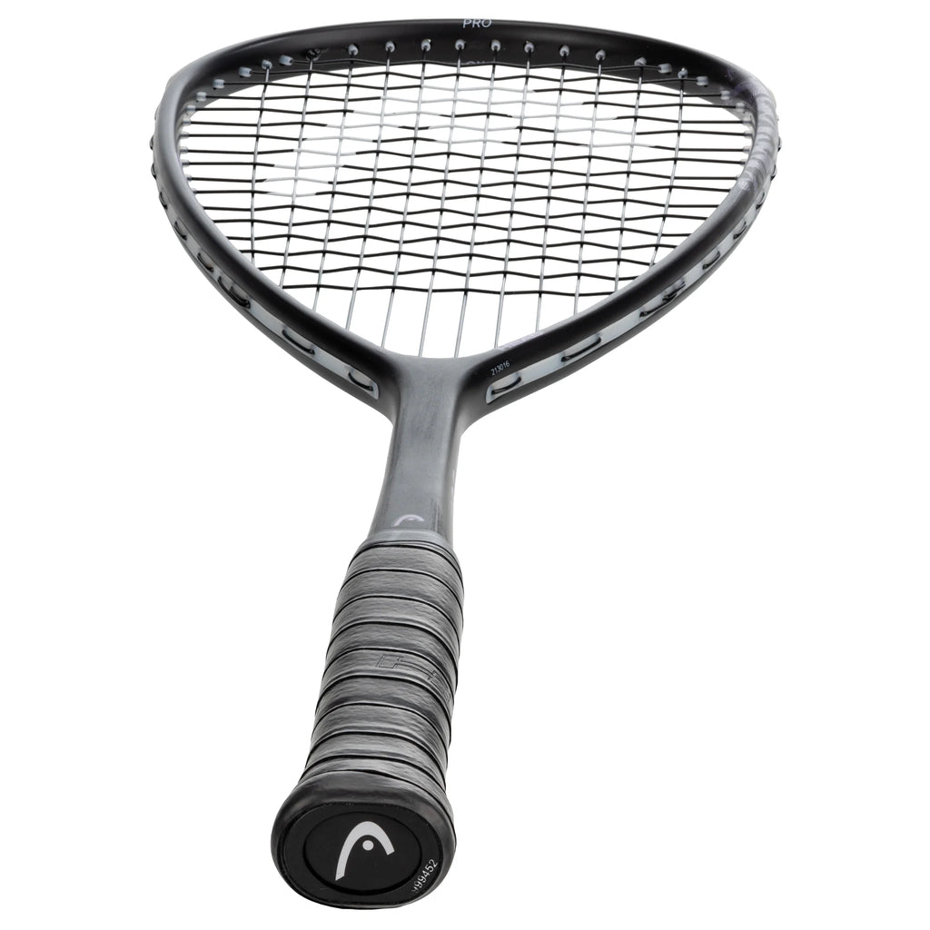 End-cap view of Head Vibe Pro Squash Racket with grip size 4, highlighting the handle and view upwards along the frame