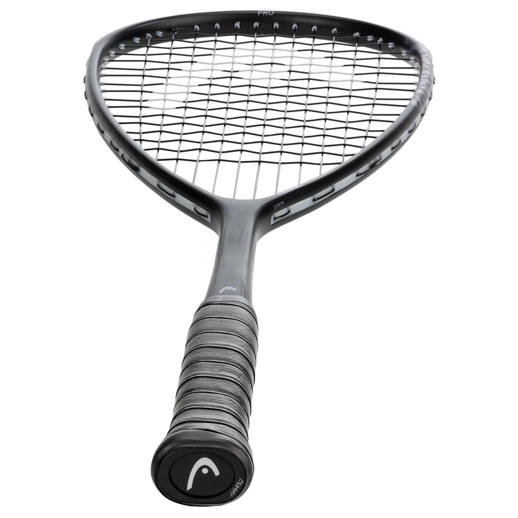End-cap view of Head Vibe Pro Squash Racket with grip size 4, highlighting the handle and view upwards along the frame