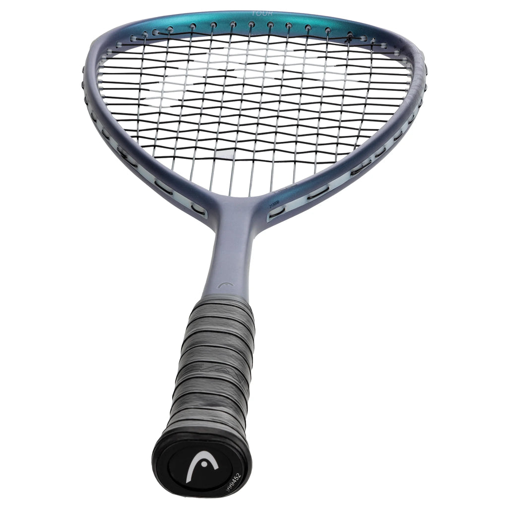 End-cap-up view of Head Vibe Tour Squash Racket with grip size 4, highlighting the head-heavy teardrop frame