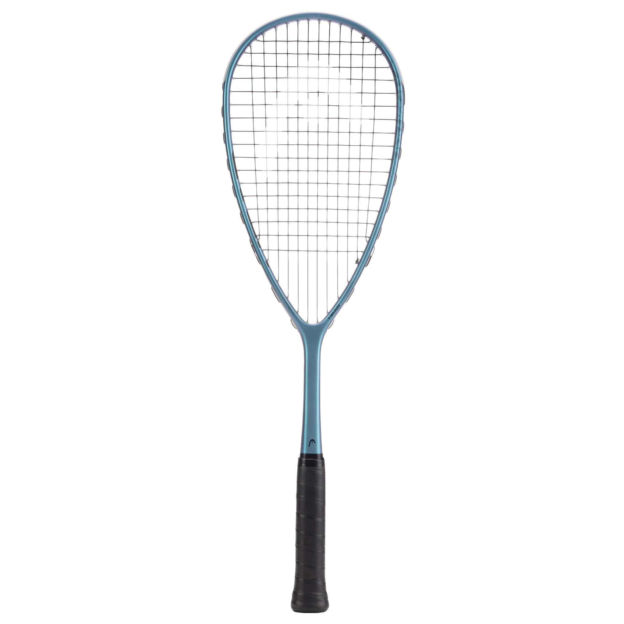 Front image of Head Vibe Tour Squash Racket with 500 cm² teardrop head, highlighting the playful frame design