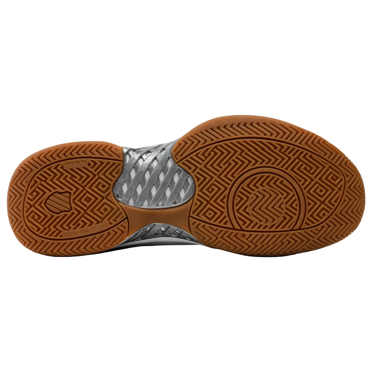 Sole view of K-Swiss Express Light Indoor shoe with an Aosta rubber outsole, highlighting the toe and heel areas