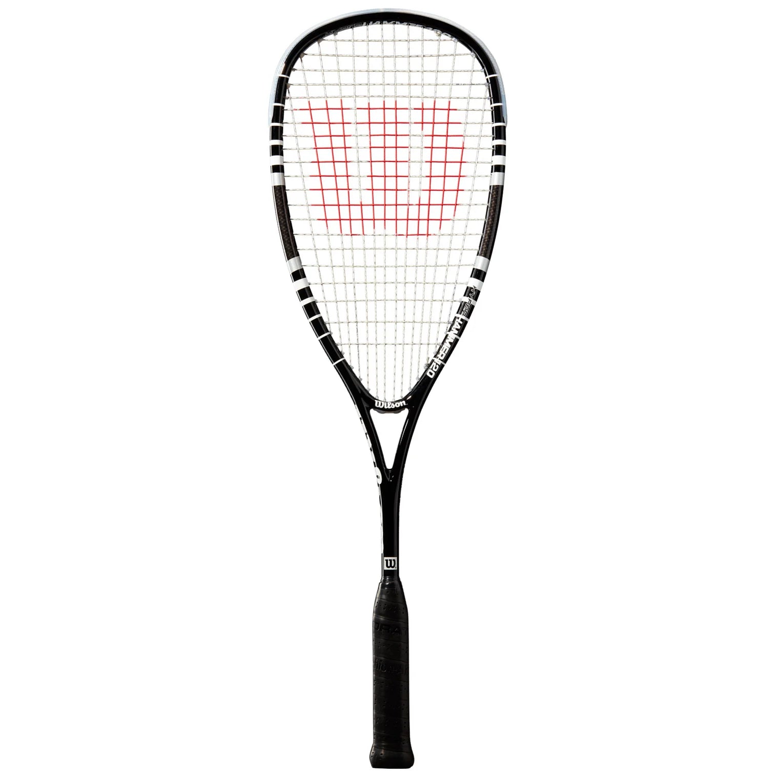 Front image of Wilson Hyper Hammer 120 Squash Racket Black, highlighting the full lightweight frame shape