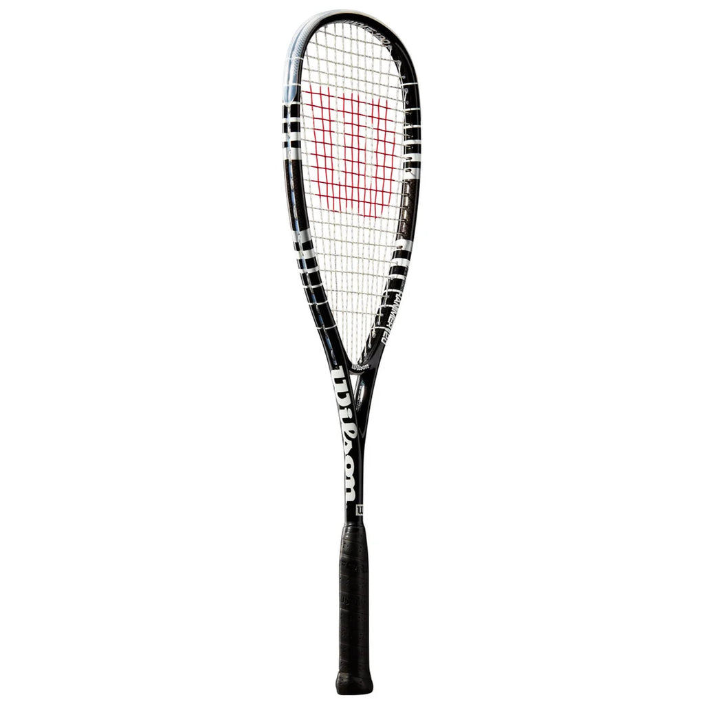Side image of Wilson Hyper Hammer 120 Squash Racket Black, highlighting the slim black frame profile