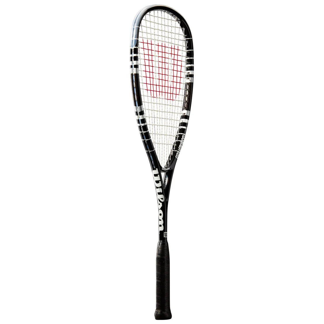 Side image of Wilson Hyper Hammer 120 Squash Racket Black, highlighting the slim black frame profile