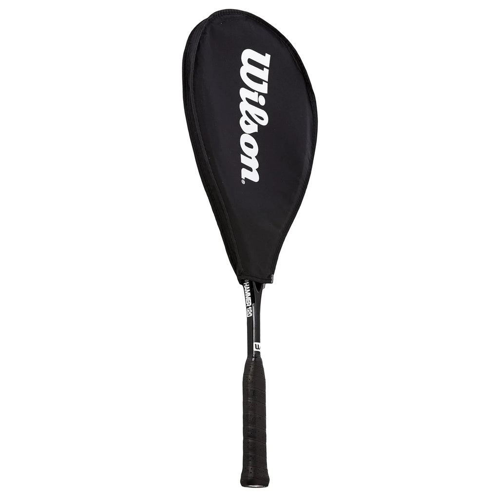 Product image of Wilson Hyper Hammer 120 Squash Racket Black with ½ cover, highlighting included cover