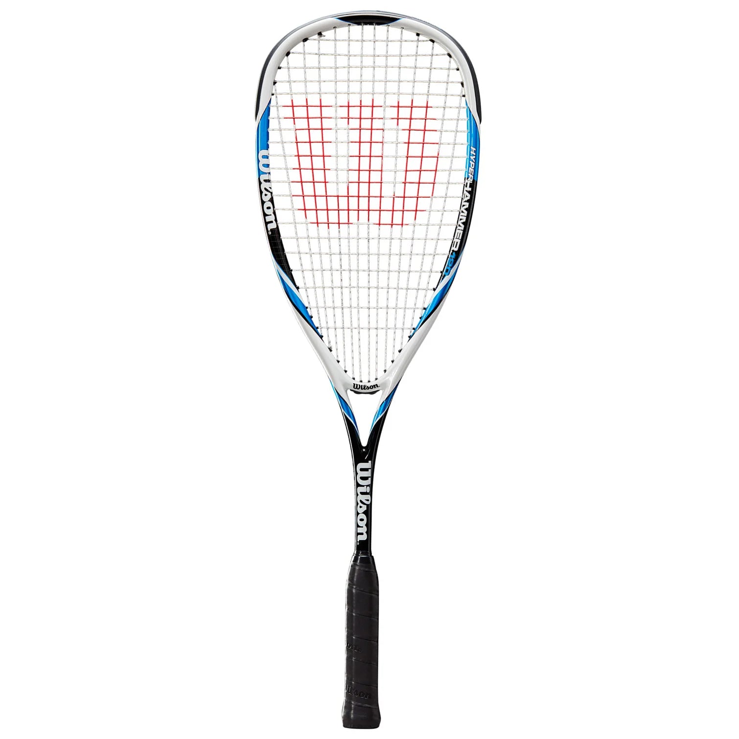 Front image of Wilson Hyper Hammer 120 Squash Racket Black, Blue & White, highlighting the full frame design