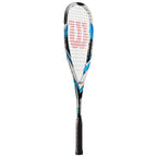 Side image of Wilson Hyper Hammer 120 Squash Racket Black, Blue & White, highlighting the slim racket profile